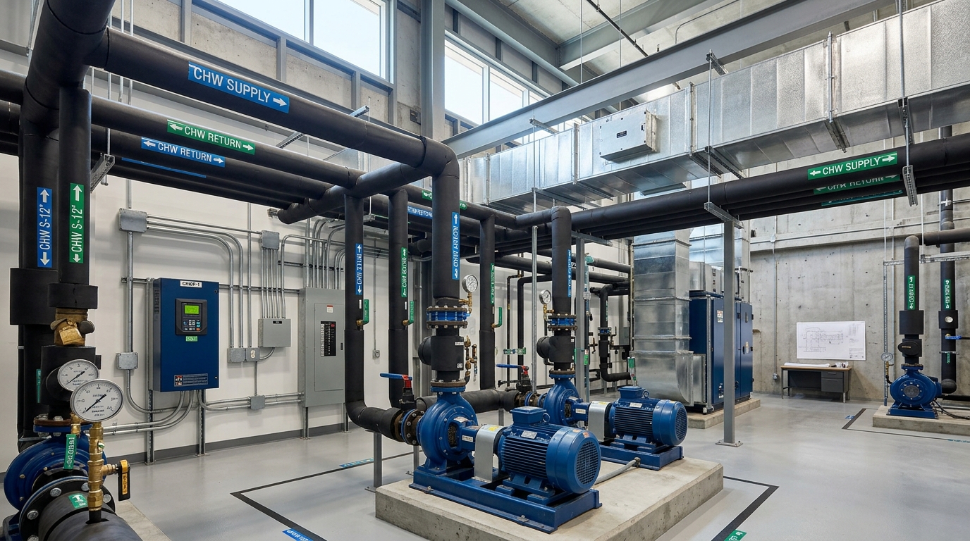 Commercial MEP Mechanical Room with Chilled Water Piping and HVAC Ductwork